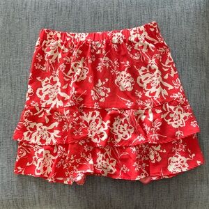 LOFT Red and White Floral Ruffle Skirt
